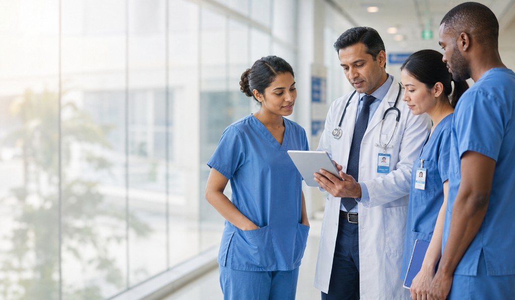 Hospital clinicians collaborating with a tablet in a modern care setting